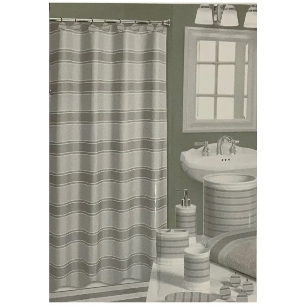 Striped Fabric Shower Curtain Ceramic Accessories 3 Pieces White Grey Tan Khaki